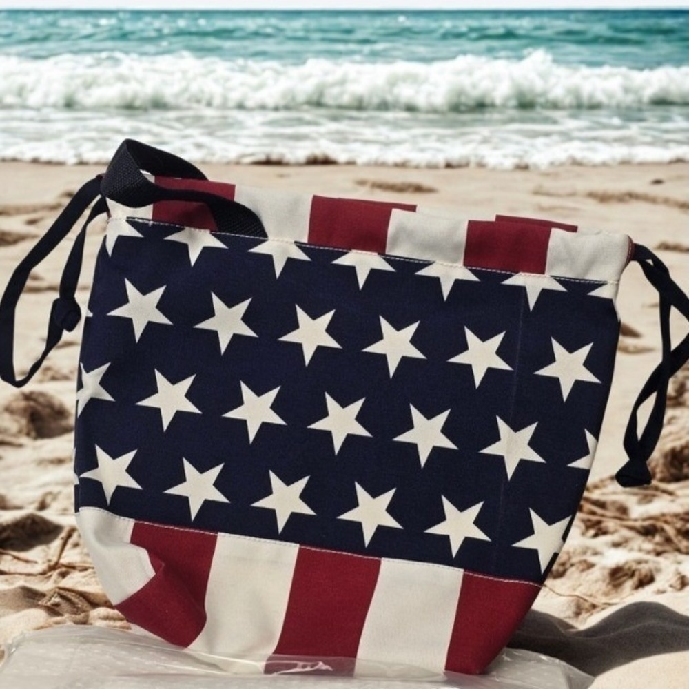 USA Proud Tote bag Heavy Canvas Red White Blue Flag print 13x12 Drawstring NEW